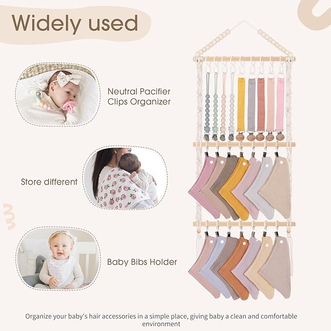 POVETIRE Pacifier Clip Holder Bibs Organizer, Neutral Bibs Holder Baby Bandana Drool Cloths Organizer Storage Hanging Wall Decor for Nursery Newborn Infant Girls and Boys Room