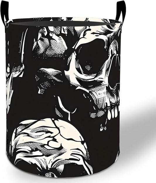 Skull Laundry Basket Hamper 19.7"x15.8", Gothic Horror Foldable Waterproof Oxford Clothes Storage Bucket for Room Bathroom Bedroom Nursery Decor, Toy Organizer Bins Gifts for Kids Boys Girls