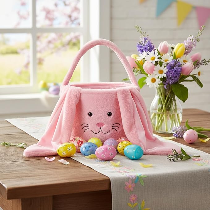 Plush Easter Bunny Basket, Easter Egg Hunt Basket with Plush Ears, Bunny Bucket Tote for Candy Party Favors Holiday Decorations (Plush-Pink)