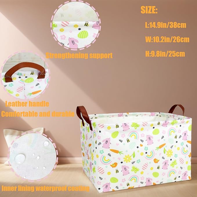 Kid Large Empty Easter Basket Personalized Fabric Bunny Easter Basket for Boy and Girl (Pink Rabbit Rainbow)