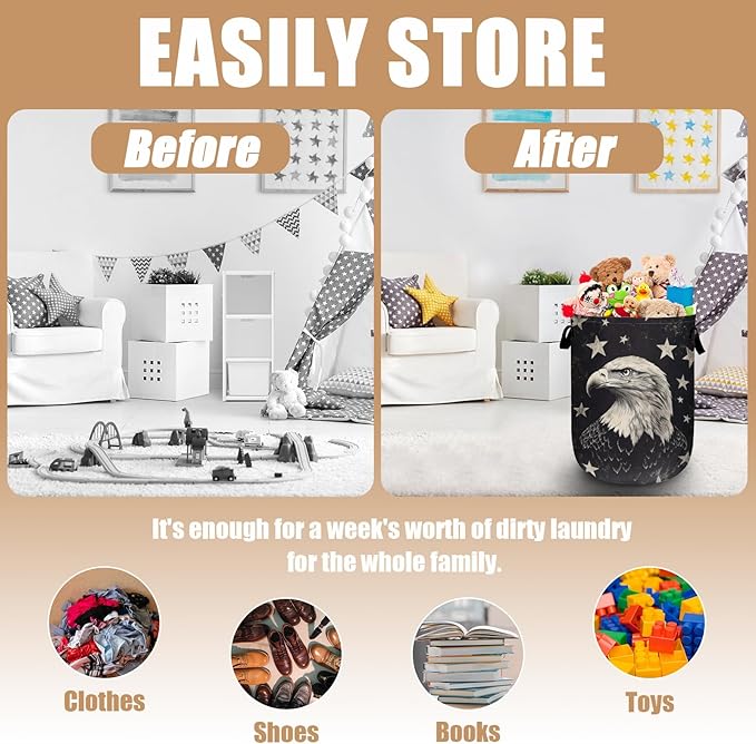 Black Eagle Laundry Basket, Foldable Waterproof Laundry Hamper Tote Bag Dirty Clothes Storage Bucket Toy Organizer for Bathroom/Laundry/Bedroom 15.7"x19.6"