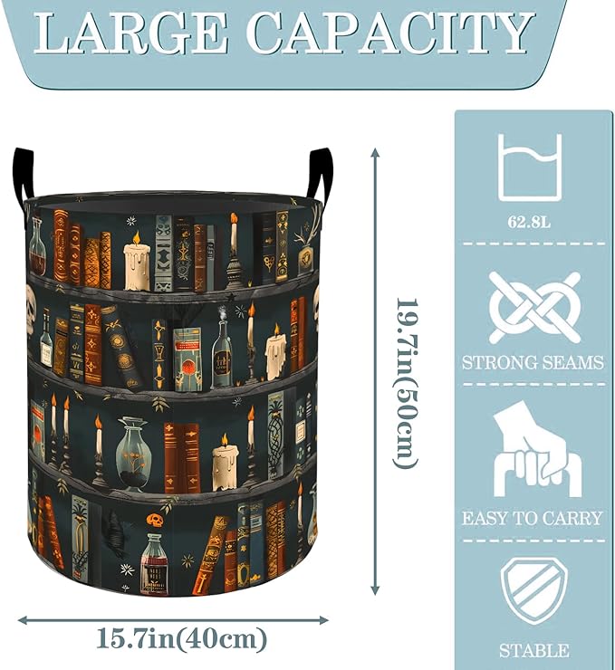 Gothic Witchcraft Bookshelf Basket, Dirty Collapsible Clothes Toy Organizer Hamper for Kids Adults, Oxford Cloth Waterproof Storage Bin for Bedroom Bathroom Magic Decor Gifts, 19.7"X15.7"