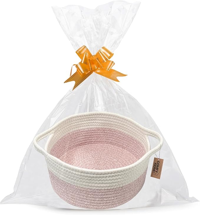 COMFY HOMI Small Woven Gift Baskets with Handles, Gift Bags and Ribbons - Cotton Rope Storage Basket for Organizing, Dog Toy Basket Box, Gift Baskets Empty, Mother’s Day-φ11X5 Inch（white/pink）