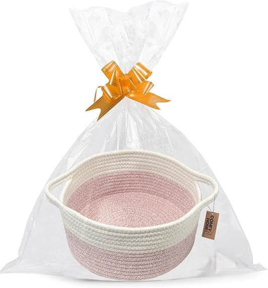 COMFY HOMI Small Woven Gift Baskets with Handles, Gift Bags and Ribbons - Cotton Rope Storage Basket for Organizing, Dog Toy Basket Box, Gift Baskets Empty, Mother’s Day-φ11X5 Inch（white/pink）