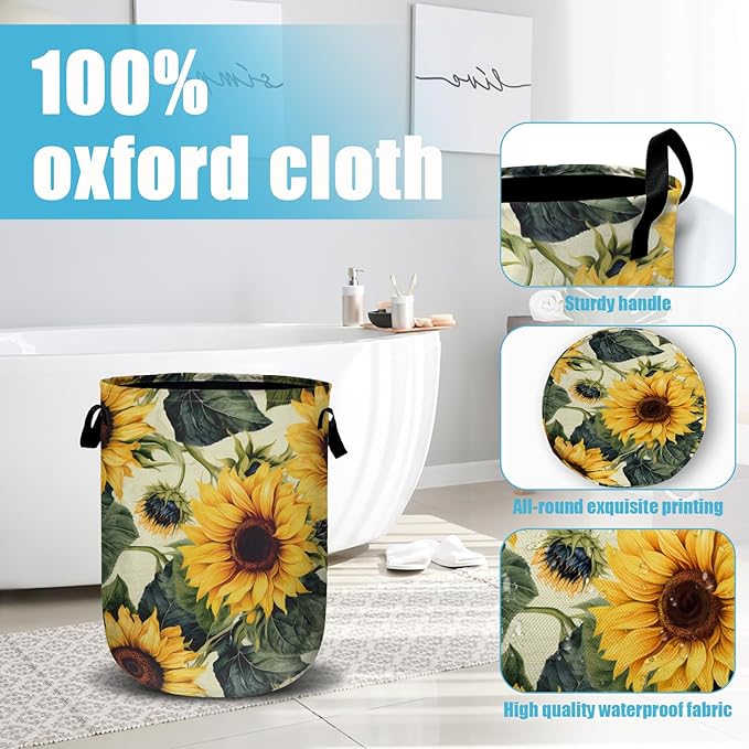 Retro Sunflower Laundry Basket, Floral Laundry Hamper Collapsible Oxford Cloth with Handle Clothes Toy Storage Bin for Bathroom Laundry Room Bedroom 15.7 X 20 Inch