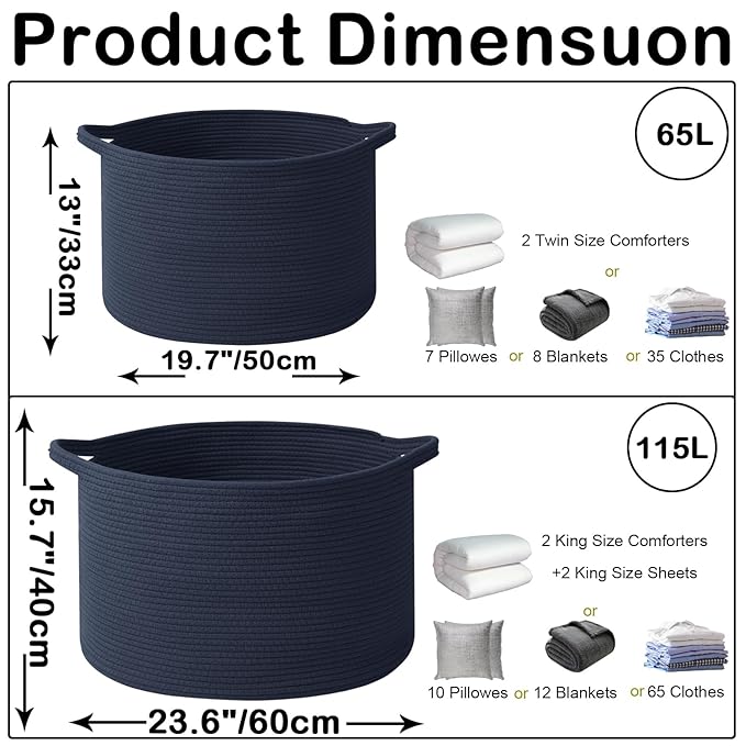 115L Large Blanket Basket,23.6" L x 23.6" W x 15.7" H Rope Woven Baskets with Handles, Toys Storage Bins,Laundry Basket Perfect for Living Room, Nursery,Bedroom,Home Organization,Dark Blue