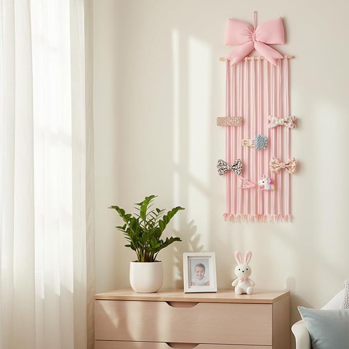 Long Bow Holder for Girls Baby Pink Bow Hair Bows Clip Organizer 31.5 Inch Baby Hair Accessories Storage Display Hanging Decor for Girls Nursery Room Bedroom Living Room