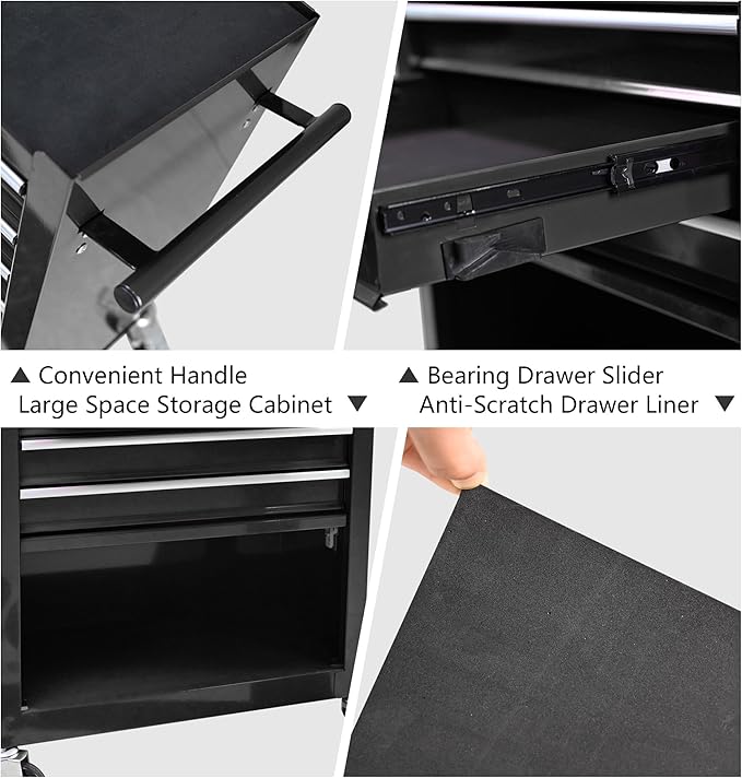 4-Drawer Rolling Tool Chest Cabinet, Large Capacity Metal Tool Box with Wheels, Storage Organizer Tool Cart for Garage, Warehouse, Work Shop (Black)