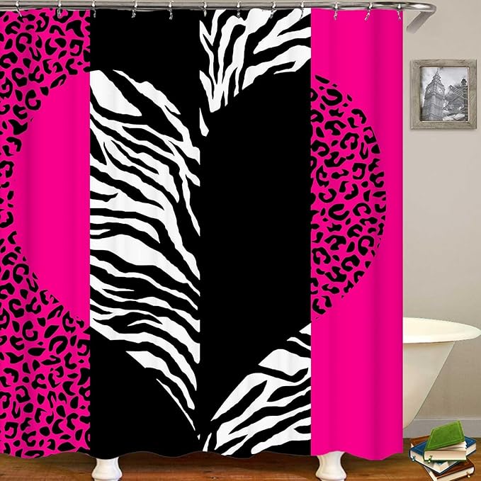 4PCS Hot Pink Leopard Print Shower Curtain Sets with Rugs, Waterproof Fabric Shower Curtain, Love Heart Black and White Zebra Cheetah Print Wildlife Safari Animal Skin Fashion Bathroom Decor