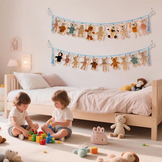 80" Cotton Hanging Storage Chain For Stuffed Animals Storage with 40 Metal Clips, Stuffed Animal Organizer Chain for Wall Corner Nursery Play Room, Baby Blue