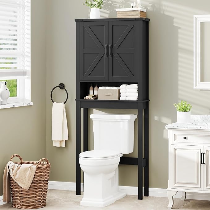 Over The Toilet Storage Cabinet, Farmhouse Over Toilet Bathroom Organizer with 2 Barn Doors, Narrow Above Toilet Storage Cabinet, Behind Toilet Bathroom Organizer, Black