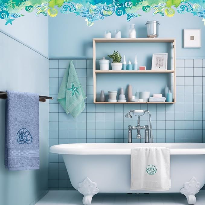 3 Pack Coastal Hand Towels for Bathroom 100% Cotton Embroidered Beach Bathroom Towels 13.8 x 29.5'' Seashell Starfish Conch Blue Finger Towel Nautical Decorative Towel Gift for Summer Holiday