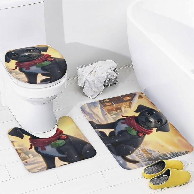 4 Piece Shower Curtain Sets Rug Toilet Lid Cover and Non-Slip U Shape Mat Happy New Year Black Labrador Durable and Waterproof Labrador Lover Gifts for Bathroom Decor