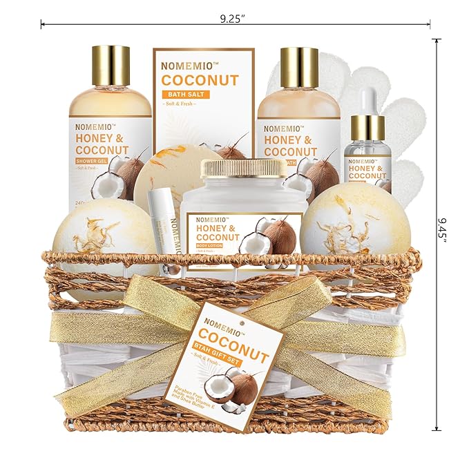 Valentine's Day Gift Baskets, Spa Gift Basket for Women, 11pcs Honey & Coconut Luxury Bath Gift Set, Spa Kit with Shower Gel, Bubble Bath, Bath Bombs , Beauty Gifts for Her, Women, Mom Birthday