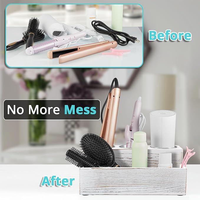 Hair Tool Organizer, White Washed Wood Hair Dryer Holder Countertop, Wall Mount Hot Tools Organizer for Hair Styling Accessories, Bathroom Supplies Vanity Caddy for Curling Wand, Blow Dryer