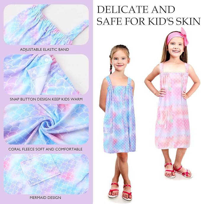 2 Sets Girls Towel Wrap Hair Towel Wrap for Kids with Soft Bath Body Dress Cute Adjustable Bathrobe with Turbans for 3.9-4.9 ft Kids Girls Wet Hair Rapid Drying(Princess Mermaid)