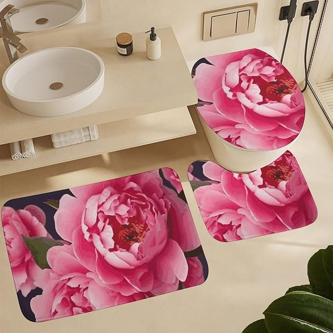 4 Piece Bathroom Rug Set with Shower Curtain, Non-Slip Bath Mat Toilet Cover Set, Peony Flowers Bathroom Rug Sets