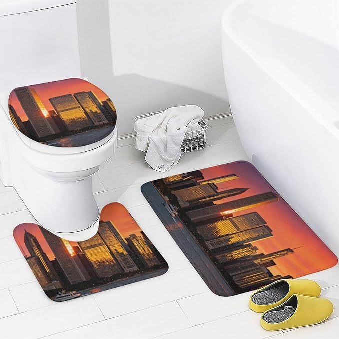 4 Piece Bathroom Rug Set with Shower Curtain, Non-Slip Bath Mat Toilet Cover Set, Skyline Bathroom Rug Sets