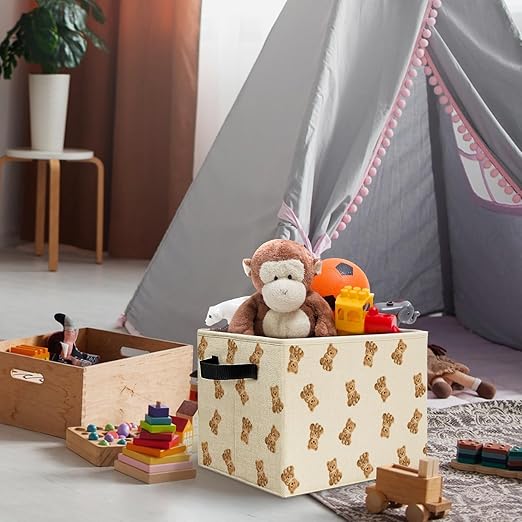 Cute Bear Kids Storage Bins Box with Handles, Bear Nursery Decor, Brown Bears Animal Laundry Basket Hamper Collapsible Clothes Toys Organizer for Kids Room Nursery Playroom Bathroom