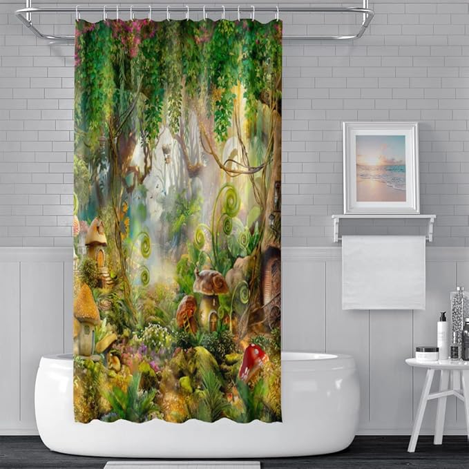 72x78inch Magical Forest Shower Curtain - Lush Trees, Fantastic Woodland Jungle, Cute Funny Mushroom Fairyland Bath for Kids Children Bathroom Decor With Hooks Waterproof