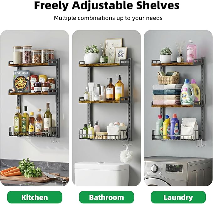 3 Tier Bathroom Shelves Over Toilet - Wall Mounted Floating Shelves with Drain Basket, Toilet Paper Storage, Height Adjustable Over The Toilet Storage, Vintage Brown