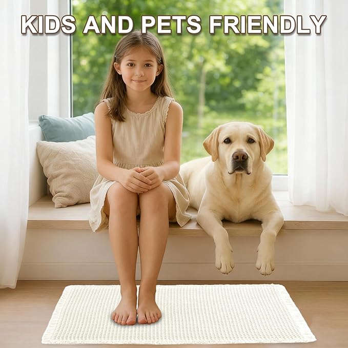 Hiasan Set of 2 Waffle Bath Mat, Super Absorbent Non Slip Bathroom Boho Rug with Tassels, Machine Washable Bath Mats for Bathroom, Ultra Soft Rubber Backed Rug, White, 16" x 24" + 20" x 32"