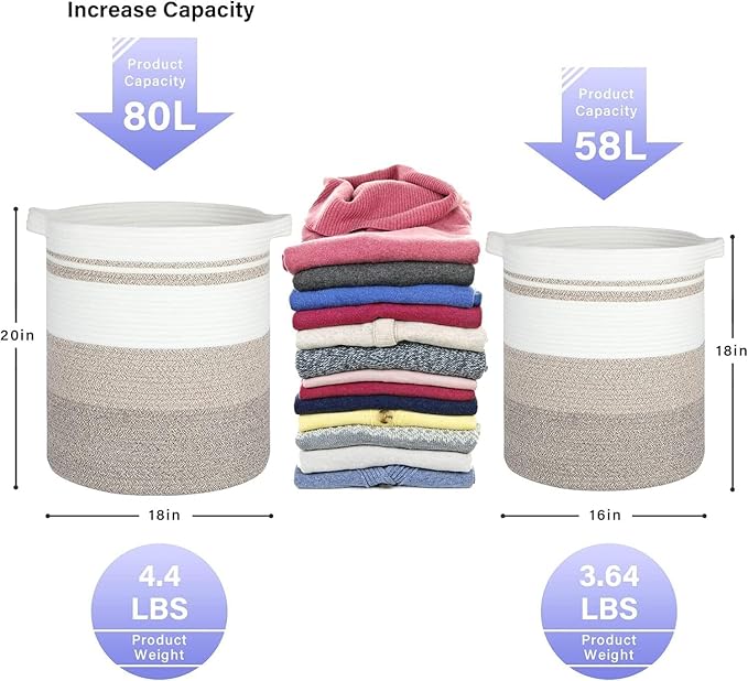laundry hamper 16x16x18,60L – large basket for blankets, toy basket,Cotton Rope Blanket Basket Living Room, Baby Laundry hamper for Blanket, Nursery, –stuffed animal storage( Pink Rainbow)