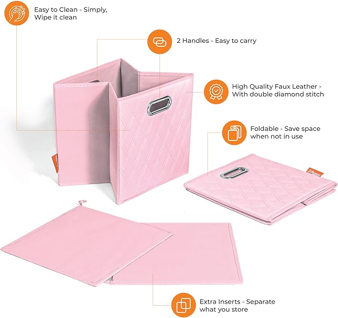 FH Group JIAessentials 11" Faux Leather Foldable Storage Cube Bins Set of 2 – Pink Diamond Patterned Organizers with Handles for Closet & Shelves