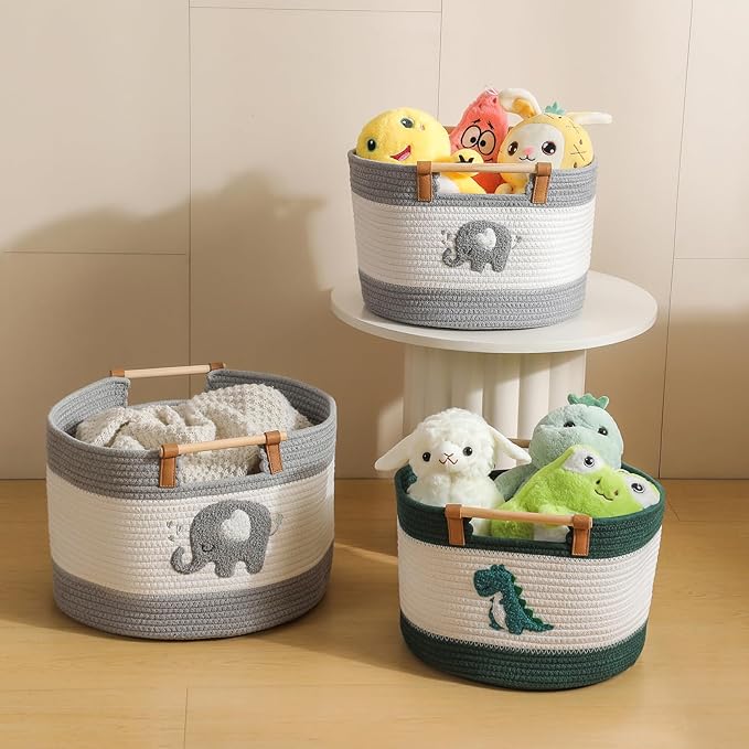 Cotton Rope Baskets for Kids Stuffed Animal Toys Storage for Nursery, Baby Baskets for Gifts Empty, Woven Basket with Wooden Handles Blanket Towel Toy 0rganizer Kids Blanket Storage Bins ( Dinosaur ）