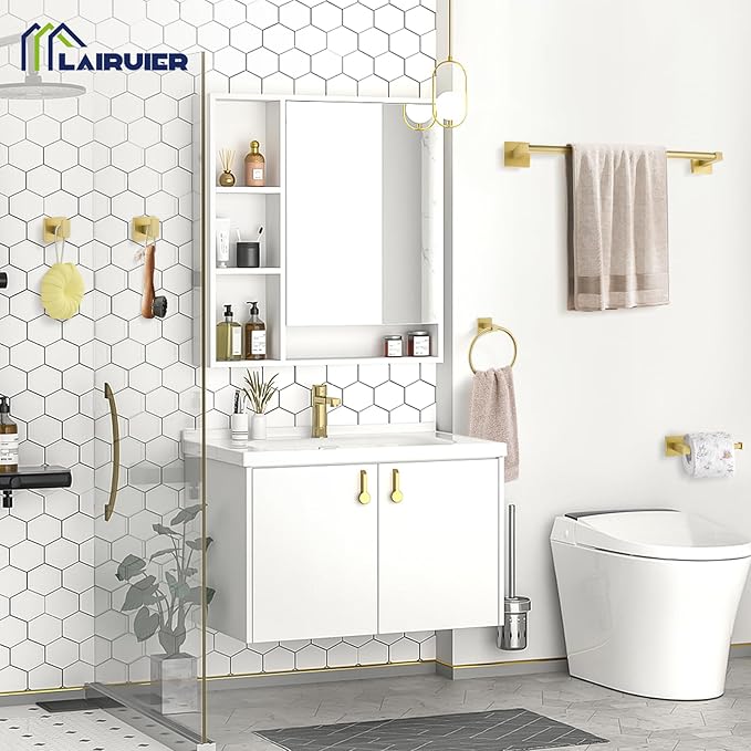 5-Piece Bathroom Hardware Set Brushed Gold Bathroom Hardware Accessories Set Upgraded Toilet Paper Holder with Shelf Towel Holder Set for Bathroom Stainless Steel Wall Mounted