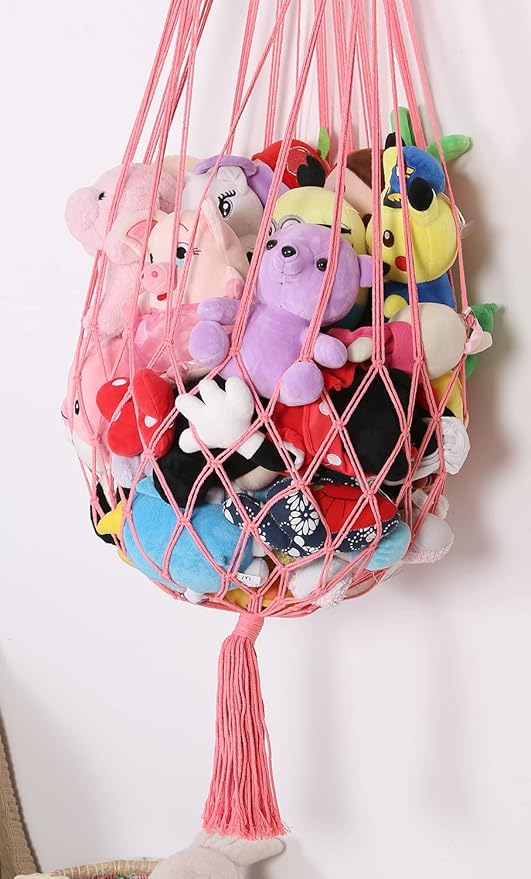 Stuffed Animal Hammock Wall Hanging Net for Stuffed Animal Net Stuffed Animal Storage Plush Toy Holder Toy Organizer for Boho Kidroom Playroom Nursery Decor (Pink)