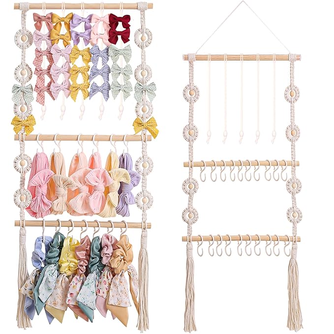 Headband Holder - Bow Holder for Baby Girl – Macrame Bow Organizer for Baby Girl w/Hooks, Slings & Wooden Bead – Space Saving Baby Bow Organizer for Expecting Moms