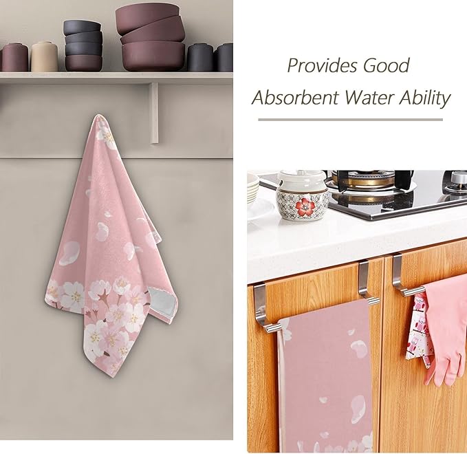 2 Pcs Pink Cherry Blossom Floral Decorative Hand Towels for Bathroom,Soft Absorbent Japanese Flower Aethetic Dish Towels for Kitchen,Quick Dry Guest Bathroom Towels for Face,Shower 14"x28"