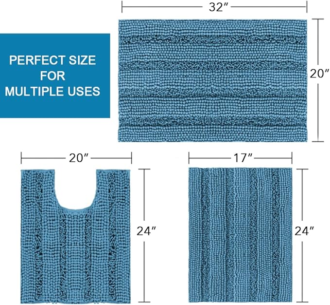 H.VERSAILTEX 3 Piece Bathroom Rugs Sets Thick Striped Bath Rugs Set for Bathroom Non Slip Soft Absorbent Bath Mat Set for Tub, Shower and Toilet(17''x24''+20''x32''+20''x24'' U-Shaped, Turquoise Blue)