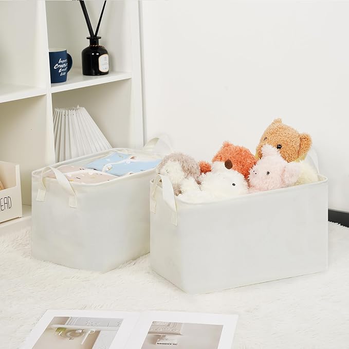 Bidtakay Rectangular Storage Basket,Waterproof Large Storage Bins Box with Handles, Shelf Baskets for Home Office Closet, Decorative Storage Baskets for Home (15"x10"x9"- White)