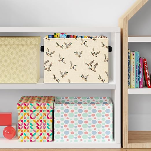 Rustic Mallard Duck Storage Bins Box with Handles, Mallard Duck Nursery Decor, Farmhouse Ducks Laundry Basket Hamper Collapsible Clothes Toys Organizer for Kids Boys Bedroom Bathroom