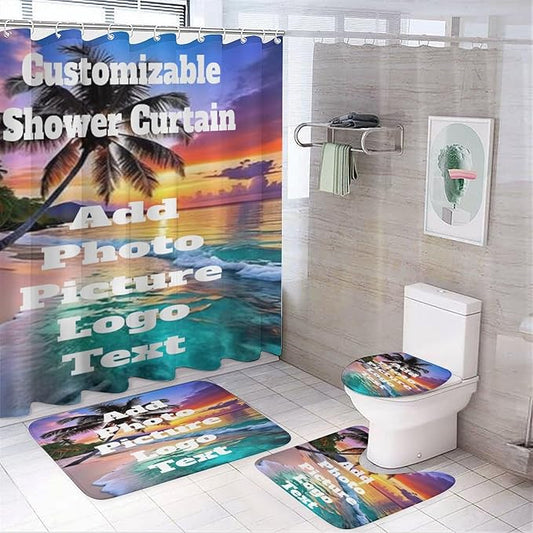 4 Piece Bathroom Custom Shower Curtain Sets Personalized Floor Mat Design Your Own Bath Rugs Customize Toilet Lid Cover Add Photo/Picture/Text Non-Slip Decor