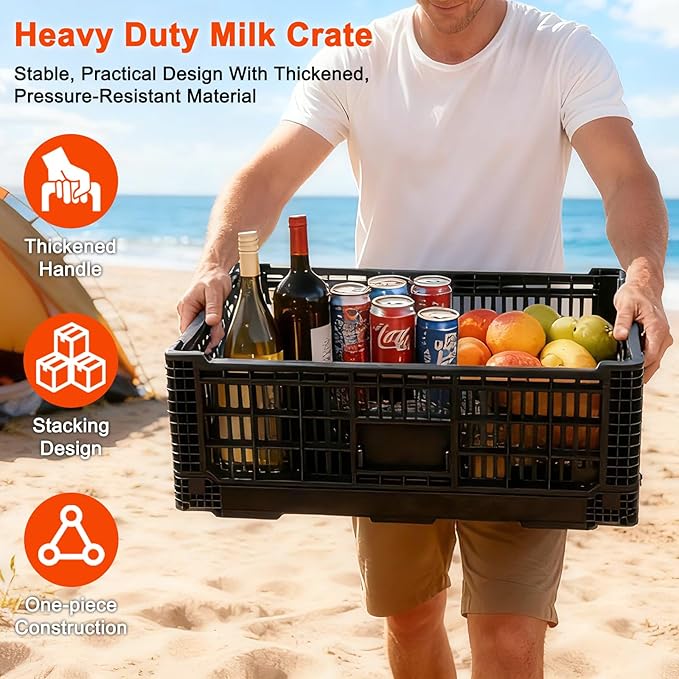 Collapsible Milk Crate, 1 pck 52L(13GAL) Stackable Storage Bins, Heavy Duty Storage Crates, Plastic Crates for Grocery, Warehouse Organization - Extra Large, Holds 130 lbs Per Bin