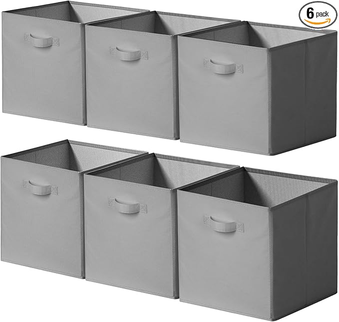 Cupic Cupid 13x13 Storage Cubes, 6 Pack Open Storage Bins with Handles, Storage Cube Organizer for Clothes and Toys, Collapsible Cube Bins for Closet, Shelves, Offices, Gray