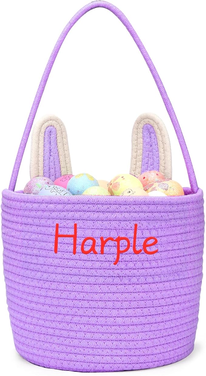 Personalized Easter Basket for Kids with Name - Custom Cute Embroidery Easter Bunny Rope Basket for Boys Girls, Easter Egg Hunt Basket (Purple)