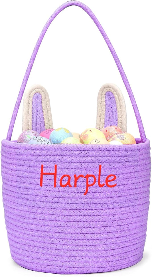 Personalized Easter Basket for Kids with Name - Custom Cute Embroidery Easter Bunny Rope Basket for Boys Girls, Easter Egg Hunt Basket (Purple)