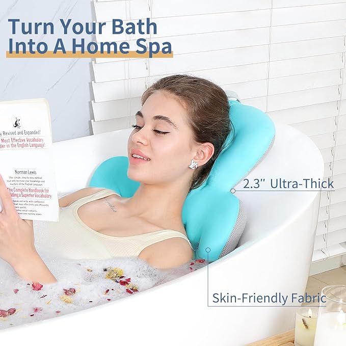 Luxury Bath Cushion, Full Body Bathtub Pillow with 160 Suction Cups, Bath Mat for Head and Neck Support, with Laundry Bag (Blue, 60" x 16")