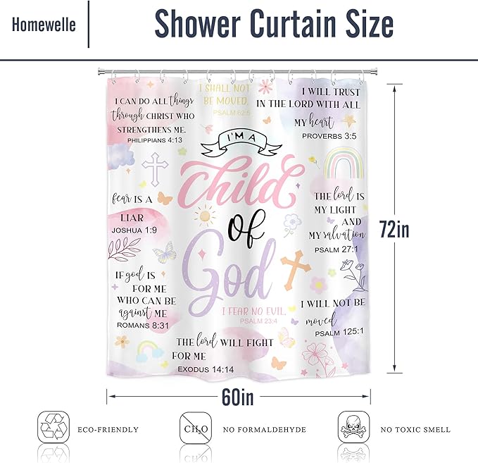 Homewelle Pink Purple Abstract Bible Verses Shower Curtain Scripture Christian Boho Mid Century Inspirational Quote 60Wx72H Inch Minimalist Geometric Plant Waterproof Polyester Fabric Bathroom Bathtub