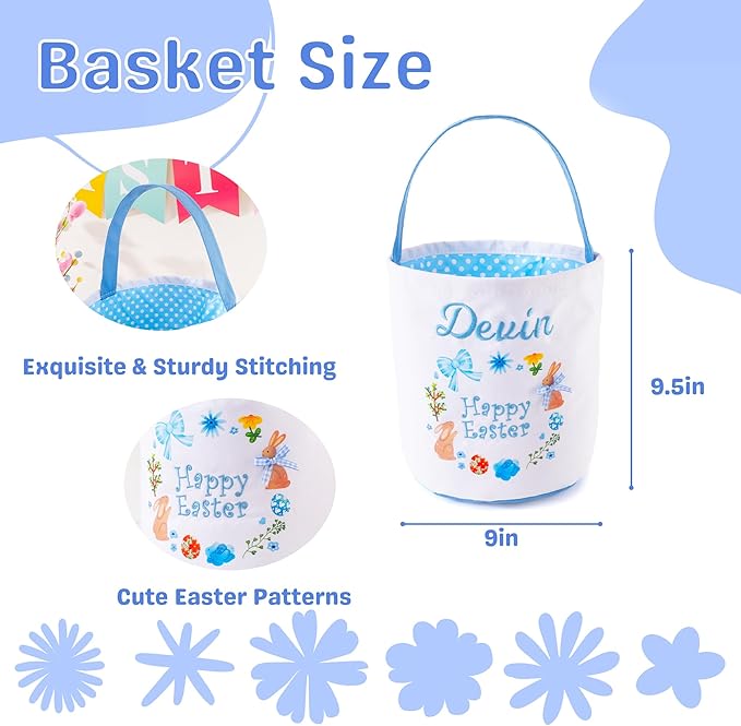 MT WORLD Toddler Easter Basket Personalized Easter Egg Bucket for Kids with Embroidered Name Blue Bunny Bucket Custom Candy Tote Bag for Baby Girls Candy Gifts Bucket