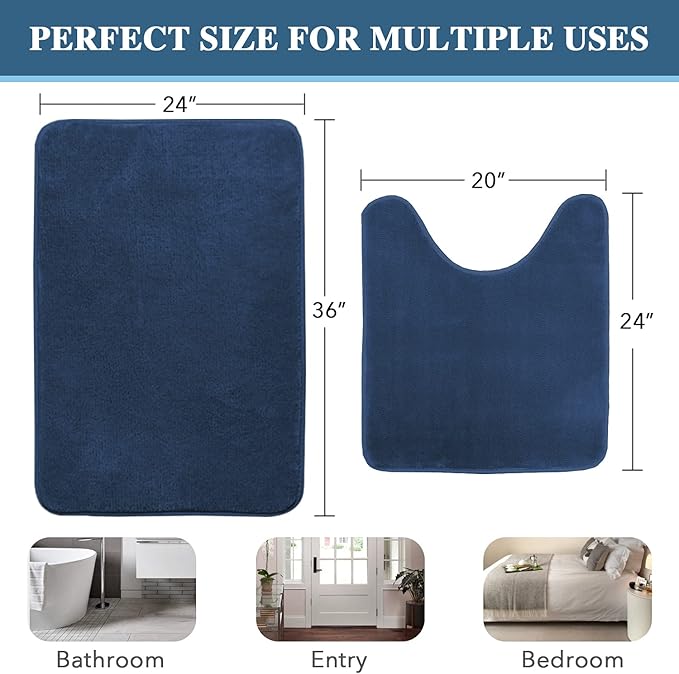 H.VERSAILTEX Bath Mat Memory Foam Set Bathroom Rug Set Flannel Velvety Bath Mat Luxury Extra Soft and Absorbent Non Slip Rugs for Bathroom/Bedroom Washable(Curved Set 24"x 36" Plus 20"x 24"U, Navy)