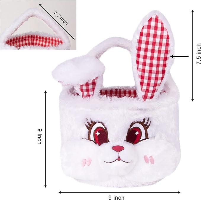 LUBOT Easter Basket for Kids 3D(9inch*9inch) Plush Bunny Baskets with Foldable Ears Egg Hunts bucket for Boys and Girls Easter Decoration Bag Gift, White