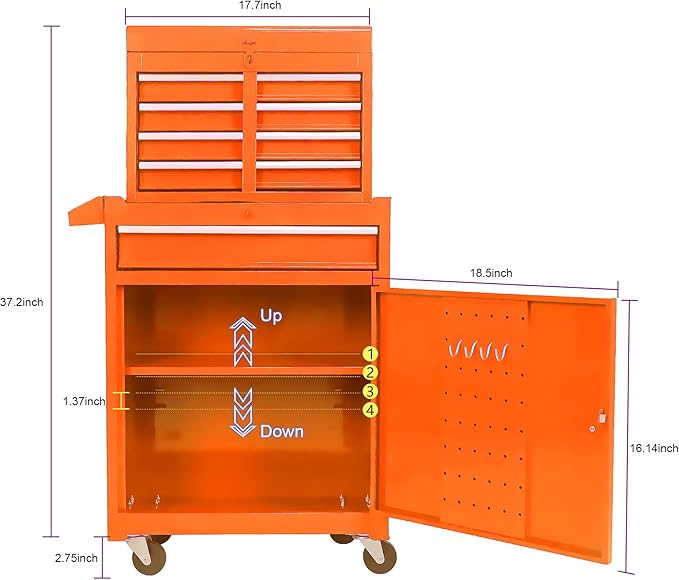 Rolling Tool Chest, 5-Drawer Tool Box Organizer w/Lockable Wheels & Sliding Drawers & Detachable Top & Adjustable Shelf, Tool Storage Cabinet for Garage Workshop(Orange)