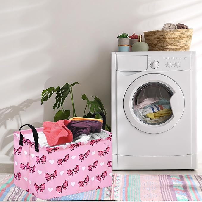 Rectangle Pink Bowknot Gift Storage Basket Home Shelf Storage Basket Organizer Box Clothes Laundry Hamper Nursery Basket Laundry Basket with Handles