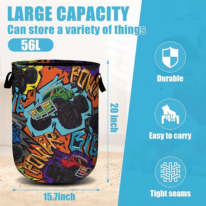 Monster Truck car Laundry Basket, Laundry Hamper Collapsible Oxford Cloth with Handle Clothes Toy Storage Bin for Bathroom Laundry Room Bedroom 15.7 X 20 Inch