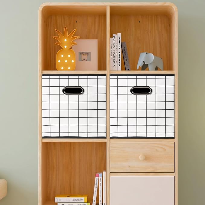 Yunkeeeper storage bins Cubes, Fabric Cube Organizer with Handle, Foldable Cube Bins for Cloth or Accessary Storage, 11x11x11, Set of 6, (White grid)